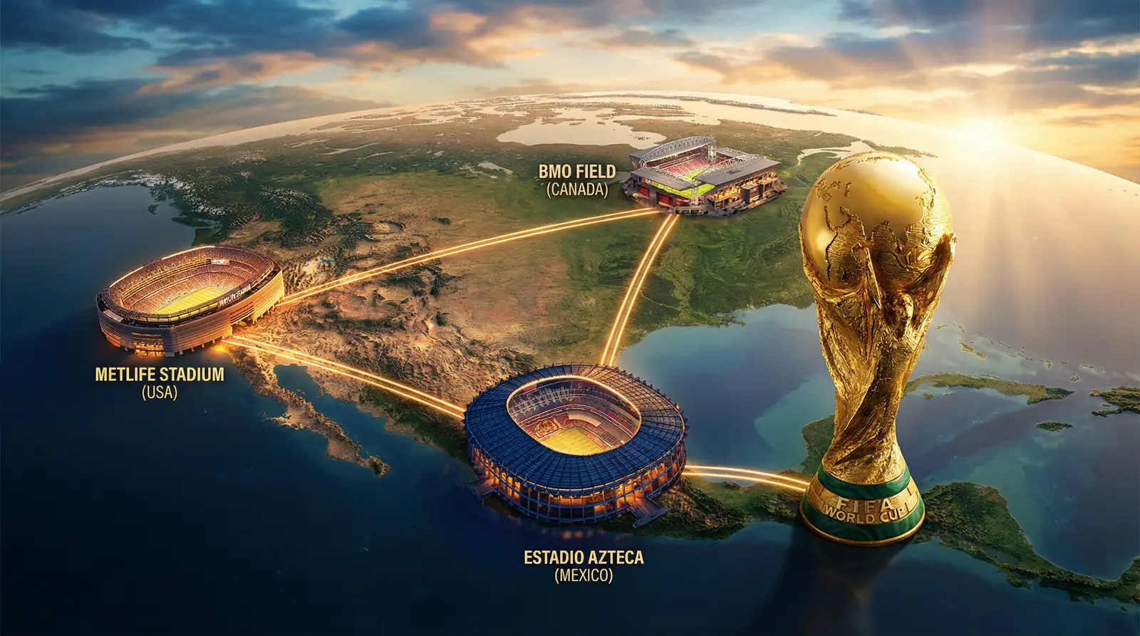 Översikt över VM 2026 med tre värdländer USA, Mexiko och Kanad