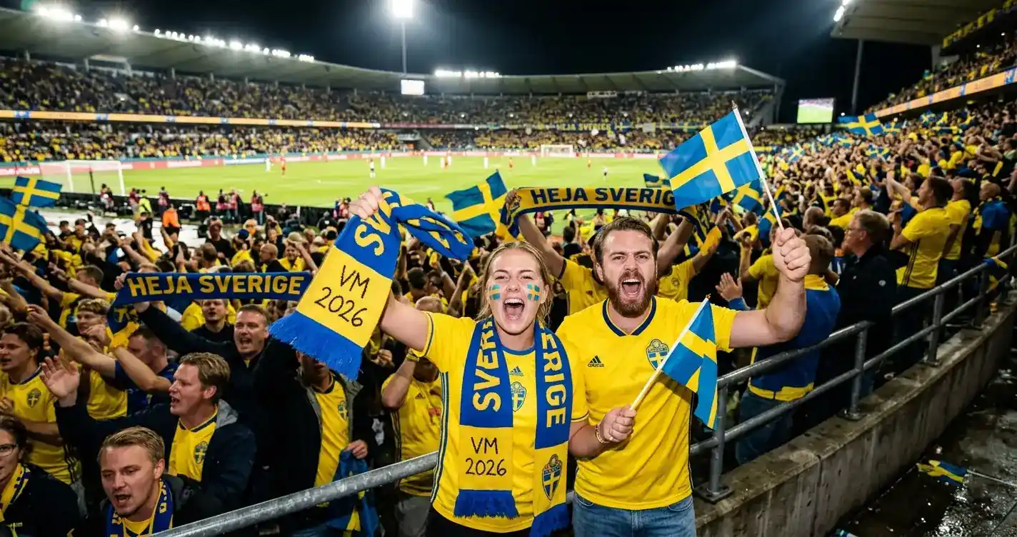Svenska landslagssupportrar i gult och blått på en VM-läktare