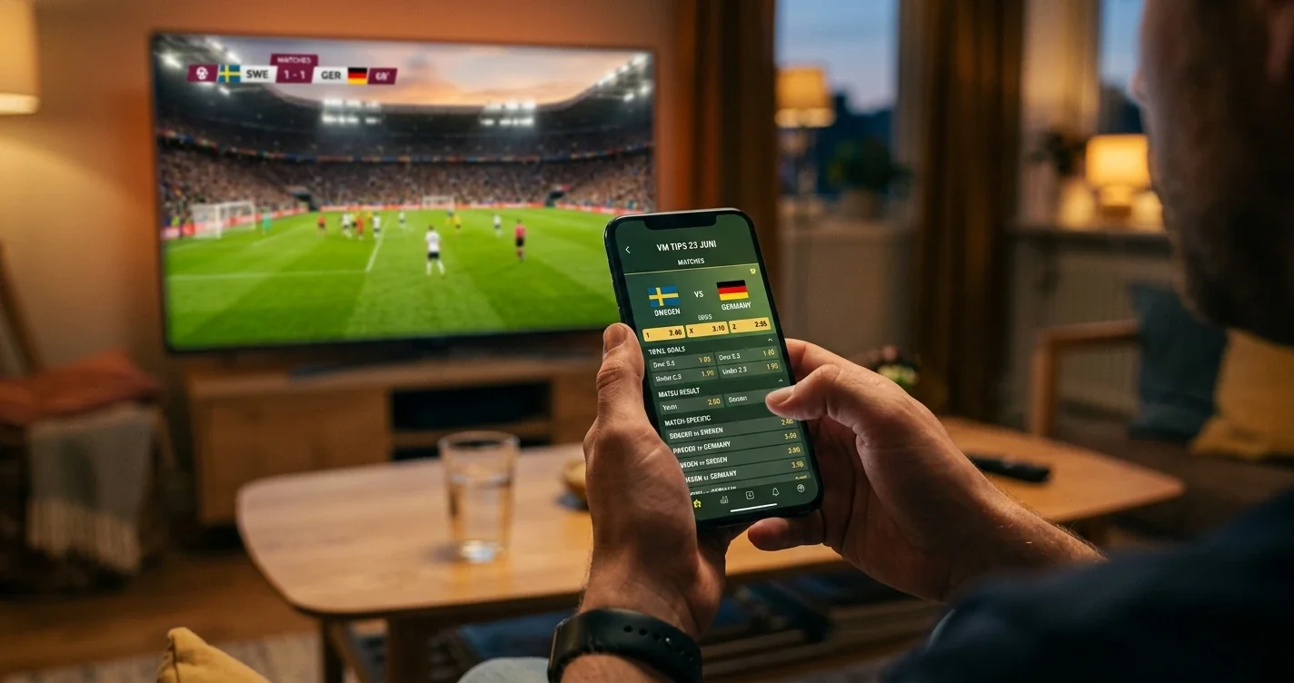 En spelares mobil med oddsöversikt framför en tv som visar en VM-match
