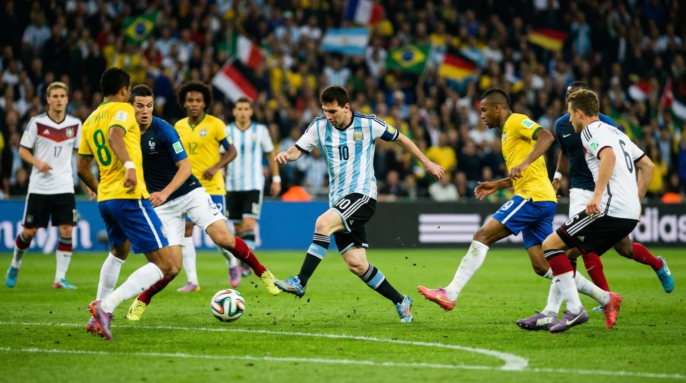 Internationella fotbollsspelare under intensiv match med nationella färger på läktaren