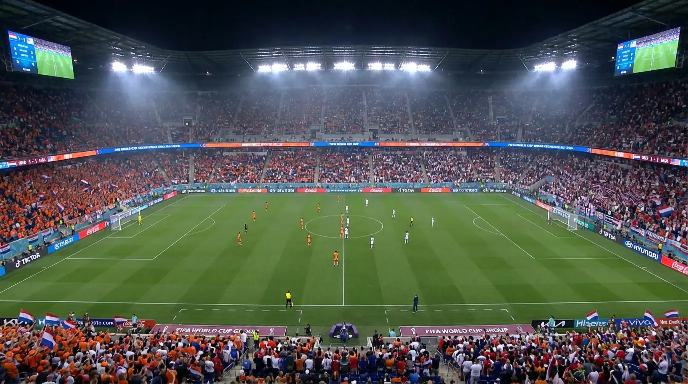 Fotbollsspelare från olika nationer i en intensiv gruppspelsmatch under kvällsbelysning