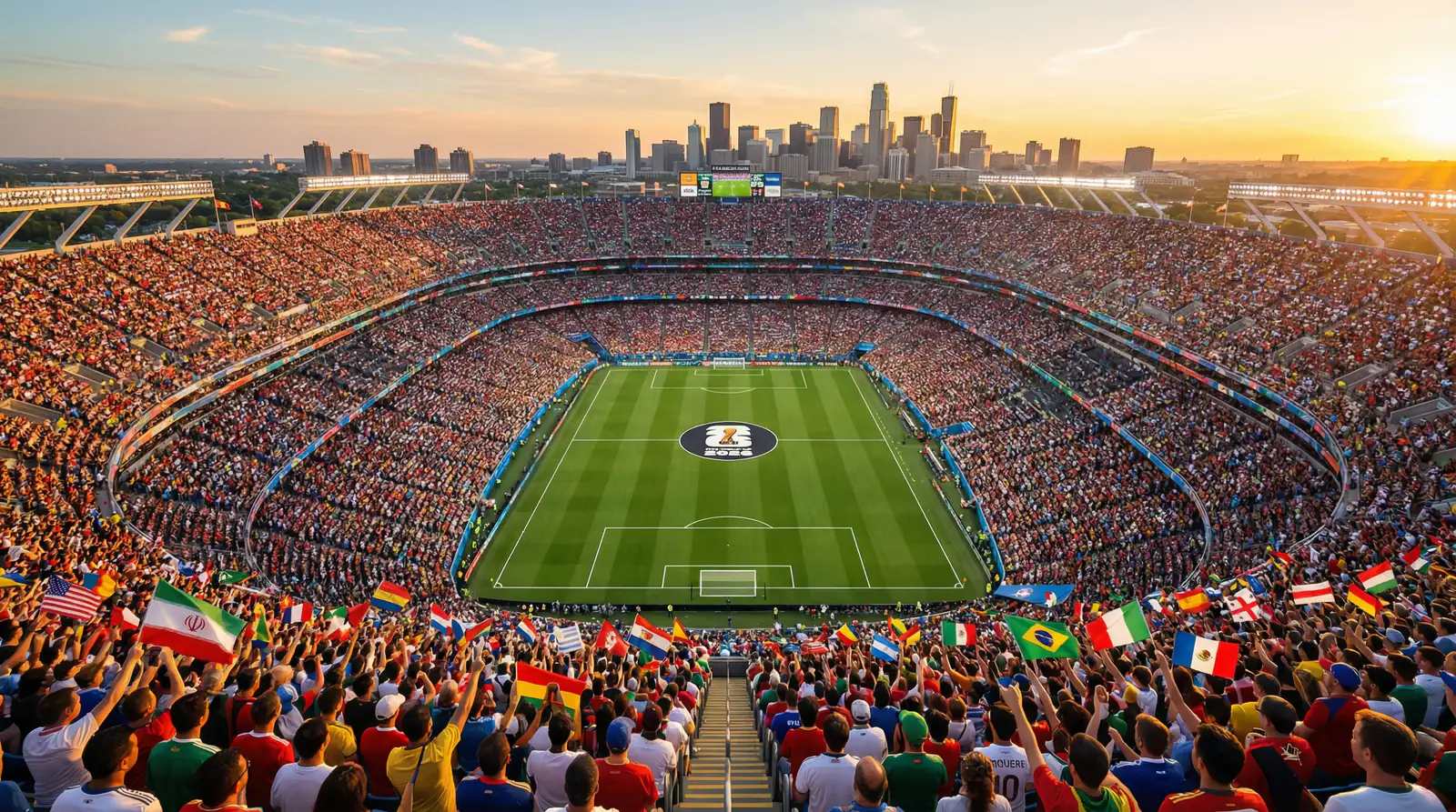 Panoramautsikt över en modern fotbollsarena fylld med fans under VM 2026 i Nordamerika