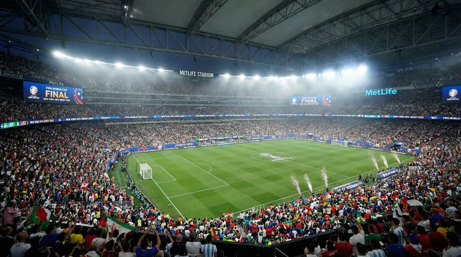 MetLife Stadium i New Jersey förberedd för VM-finalen 2026 med färgglatt publikhav
