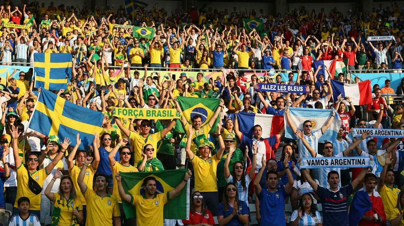 Fotbollsfans på läktaren med landslagsflaggor och banderoller under en VM-match