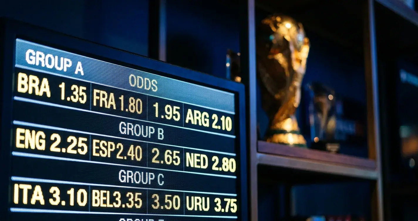 Ett oddsdisplay i ett spelsammanhang med VM-pokalen i bakgrunden